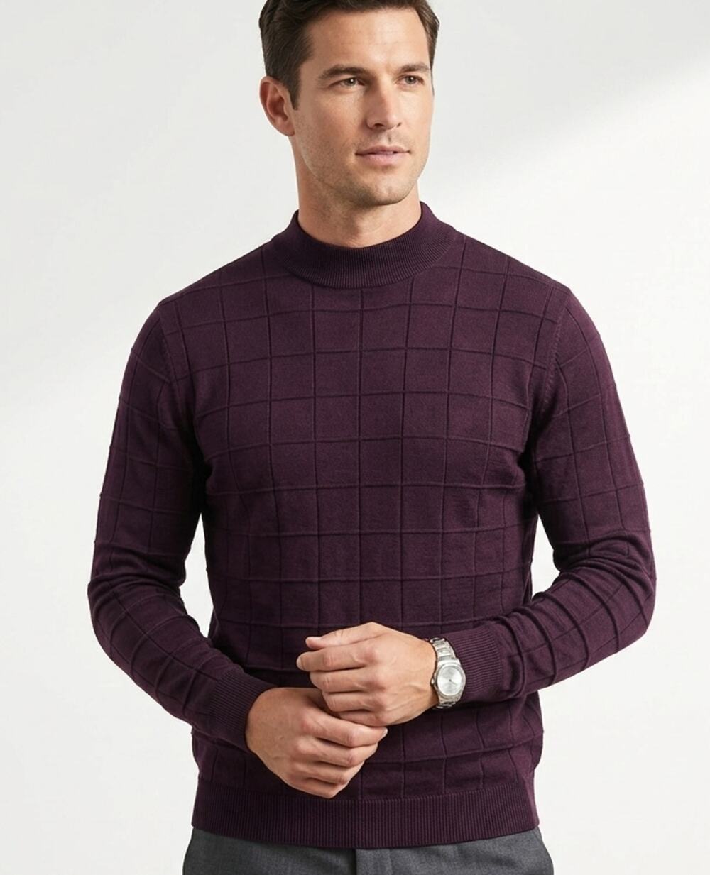 Bachrach Men’s Mock Neck Sweater Size Large 100% Silk Burgundy Grid Pattern Fall